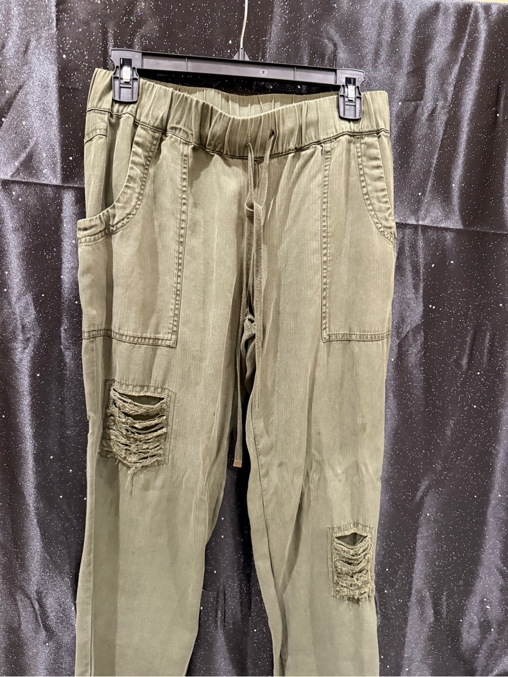 On The Road Olive Green Distressed Cargo Joggers
